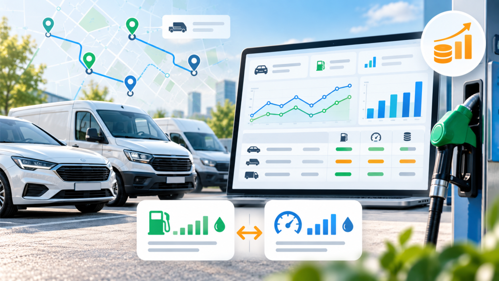 Flottakezelési dashboard az üzemanyag-fogyasztás és a tankolási adatok ellenőrzéséhez.